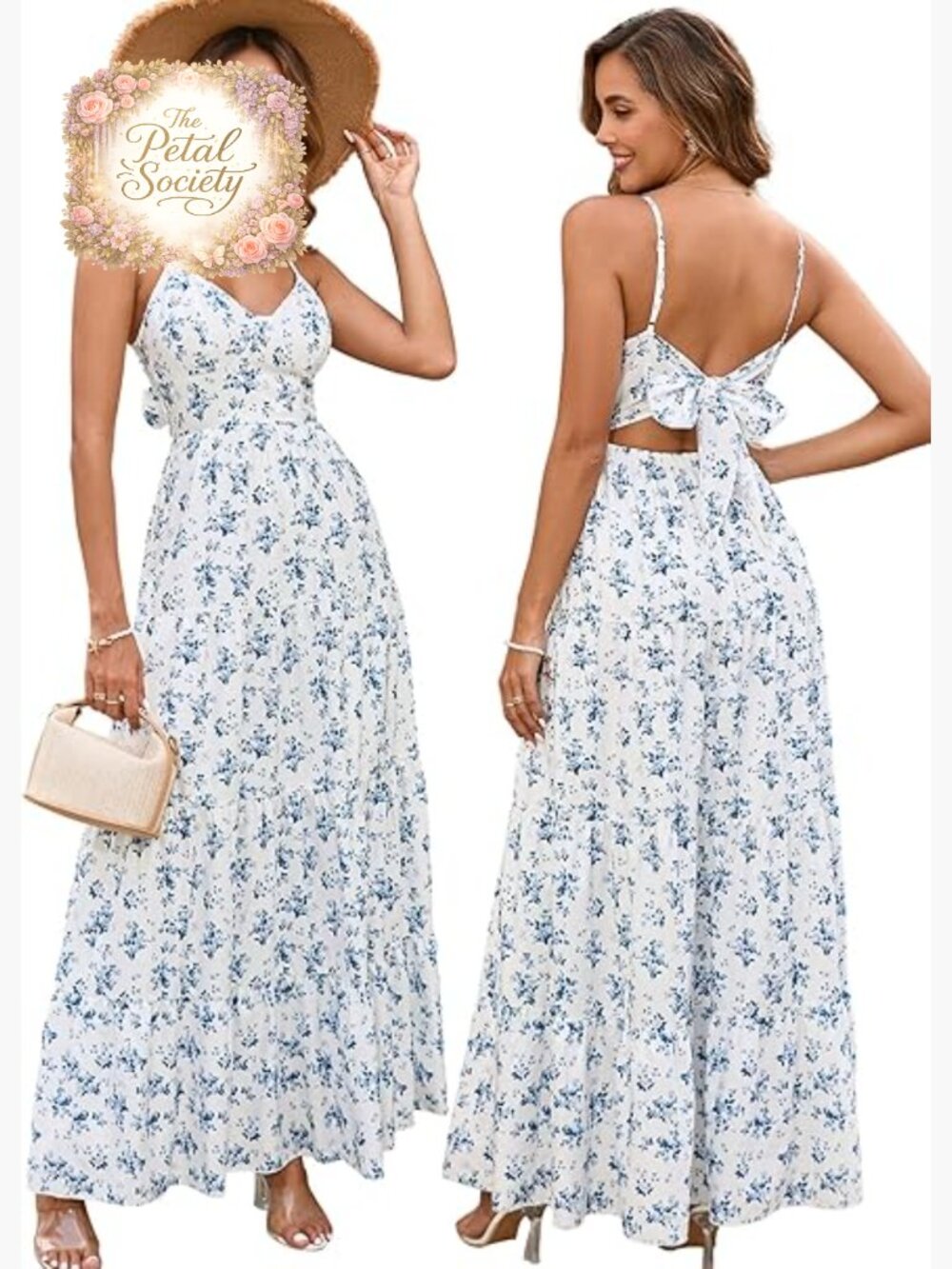 Floral Maxi Sundress V Neck Spaghetti Strap Backless Boho Beach Dress